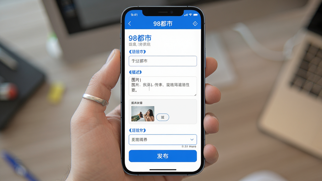主体:“98都市”发布信息界面,手机屏幕显示表单填写页面,包含标题、描述、图片上传等选项。布局:表单从上到下排列,底部有“发布”按钮。排版:清晰直观,填写区域分明。风格:简洁实用,蓝白配色。细节:输入框有标签提示,按钮醒目。画质:高清,干净,无多余元素。