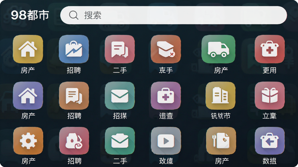 主体:“98都市”APP分类导航页面,屏幕显示多个彩色图标如“房产”“招聘”“二手”等。布局:图标网格排列,顶部有搜索框。排版:整齐有序,图标下方配文字。风格:现代简约,色彩清新。细节:图标设计统一,颜色区分明显,整体干净整洁。画质:高清,干净,无多余元素。