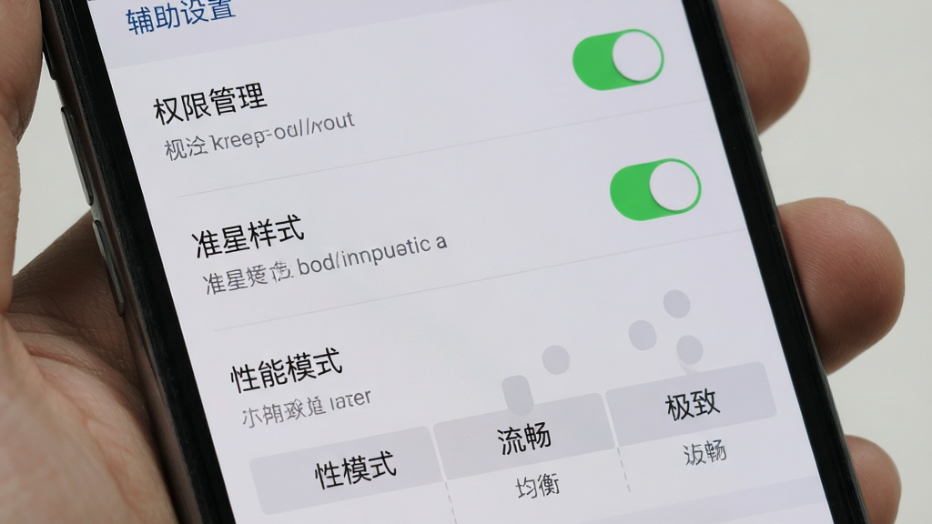 主体:手机屏幕显示辅助器设置界面,有“权限管理”、“准星样式”、“性能模式”等选项。布局:设置项纵向排列,开关控件清晰。排版:文字描述详细,背景浅灰。风格:简洁实用。细节:性能模式有“均衡”、“流畅”、“极致”三档。画质:高清,干净。