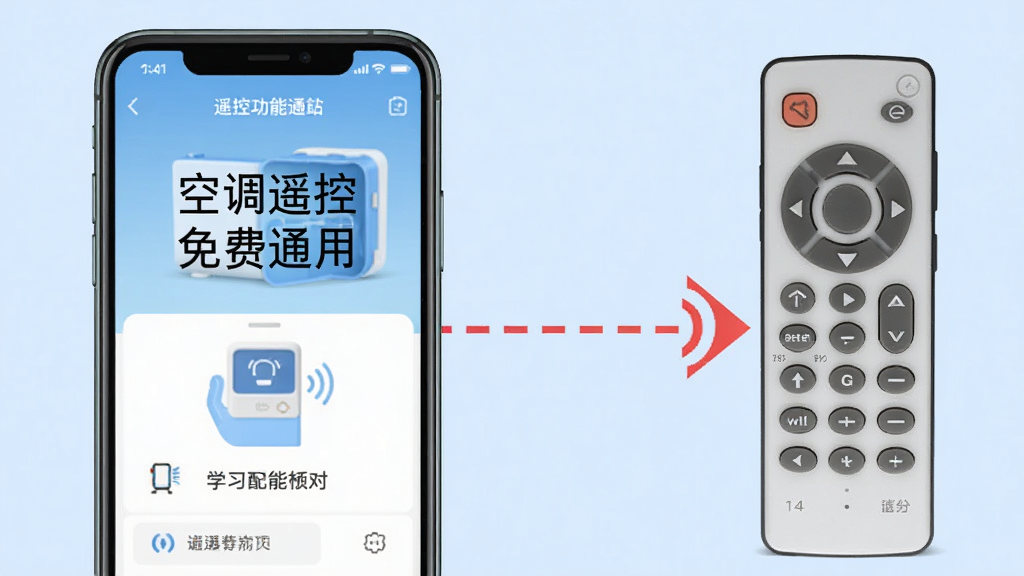 一张示意图,画面左侧为手机屏幕显示“空调遥控免费通用”的学习功能界面,右侧为实体空调遥控器,两者之间有一条虚线表示红外信号传输,背景为浅蓝色,整体风格简洁明了,突出学习配对过程,画质清晰
