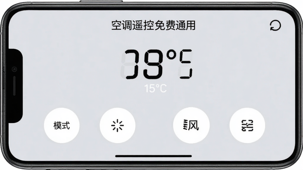 一张手机横屏截图,展示“空调遥控免费通用”的简洁控制面板,上方为温度数字显示,下方为模式、风速、摆风等圆形按钮,背景为淡灰色,整体风格极简,画质清晰,无多余元素