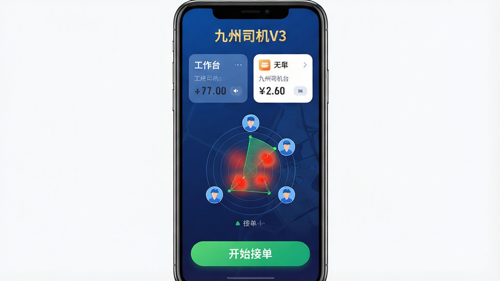 主体:一部智能手机屏幕显示九州司机V3主界面,界面背景为深蓝色渐变,上方显示“九州司机V3”金色字样。布局:手机居中,屏幕内清晰展示工作台数据卡片、圆形雷达定位地图和底部接单按钮。排版:界面图标排列整齐,数据卡片采用圆角设计,地图区域显示红色热力区域。风格:现代扁平化UI设计,科技感强,色彩对比鲜明。细节:屏幕下方有“开始接单”绿色大按钮,地图上散布着几个蓝色司机头像图标,画质:4K高清,干净,无多余元素。