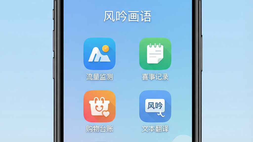 一张智能手机屏幕的特写,屏幕居中展示名为“风吟画语”的应用主界面,界面采用扁平化设计风格,四个功能模块图标(流量监测、喜事记录、购物台账、文本翻译)以2x2网格均匀排列,图标色彩明快且辨识度高,整体背景为柔和的渐变蓝色,布局简洁清晰,画质干净,无多余元素,文字标签“风吟画语”清晰显示在屏幕顶部。