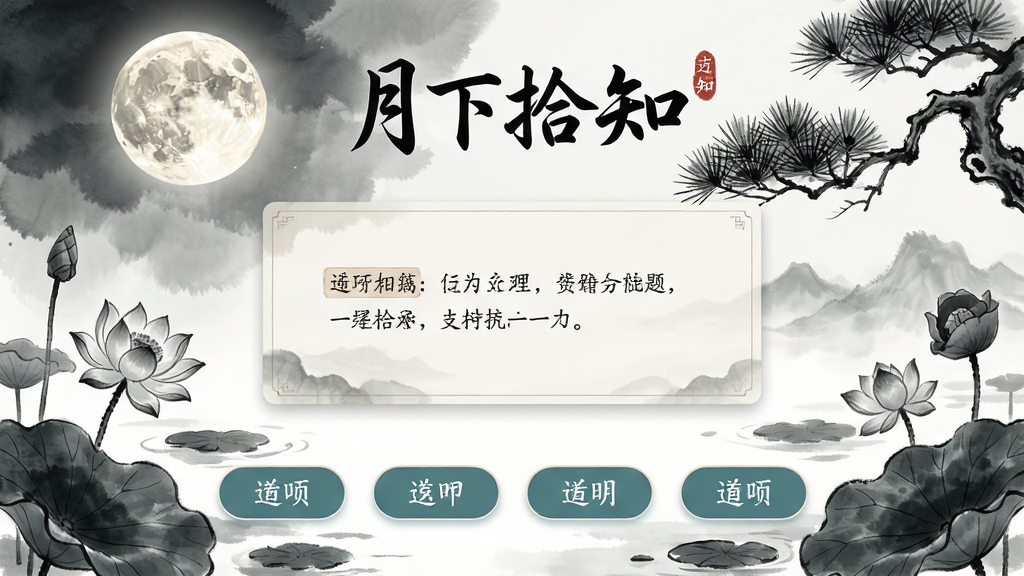 ���壺һ����Ϊ������ʰ֪���Ĺ������Ǵ���Ӧ�õ������棬չʾ�ڹŷ�������±����µĴ��ⳡ�������֣��Ϸ�ΪӦ�����ơ�����ʰ֪�������֣��м�Ϊһ����Ŀ��Ƭ���·�Ϊ�ĸ�ѡ�ť��������й�ͼ���Ű棺���������ͻ�����⹦�ܣ�����й���ˮī������ں��ִ�UI��ƣ�ϸ�ڣ���Ҷ����������֦Ԫ�ص�׺�����������ɶ������ʣ����壬�ɾ����޶���Ԫ�ء�