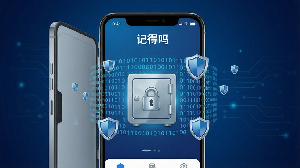 一张展示「记得吗」数字保险柜安全性的宣传图,主体为一个打开的手机应用界面,界面中央显示一个带锁的保险柜图标,周围环绕着加密的二进制代码和盾牌图标。布局为对称构图,背景为深蓝色科技感渐变。排版规整,色彩以蓝色和银色为主,风格为科技感插画,细节丰富,画质高清,干净无多余元素。