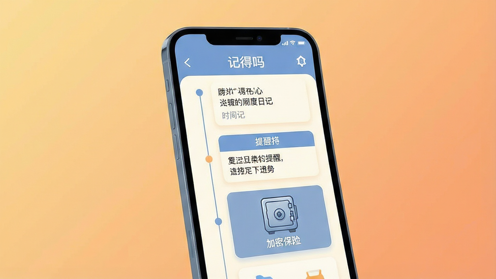 一张展示「记得吗」应用核心功能的宣传预览图,主体为一部智能手机屏幕,屏幕内清晰显示应用界面,包含时间轴日记列表、日期提醒卡片和加密保险柜图标。布局采用居中构图,手机微微倾斜,背景为温馨的暖色调渐变。排版上,界面元素排列整齐,色彩以柔和的蓝色和米白色为主。风格为现代扁平化插画风,细节丰富,画质高清,干净无多余元素。