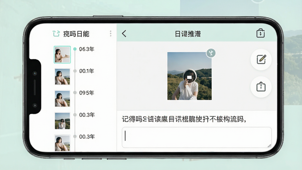 一张展示「记得吗」日记本功能的界面截图,主体为手机屏幕上的图文编辑页面,上方有照片插入区域,下方为文字输入框,左侧显示时间轴缩略图。布局为左右分栏,左侧时间线,右侧编辑区。排版整洁,色彩清新淡雅,风格为简洁的UI设计图,细节清晰,画质高清,干净无多余元素。