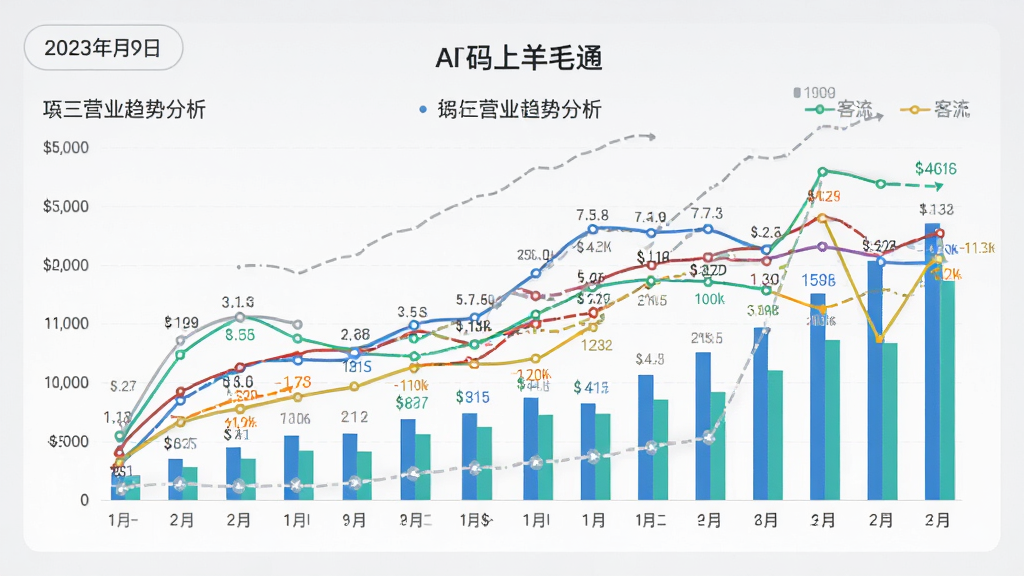 画面中央展示“码上羊毛通”APP的营业趋势分析图表,包含多条彩色曲线和柱状图,表示不同时间段的销售额和客流。布局为图表占据主体,左上角有日期切换按钮。风格为商务简洁风,背景浅灰,图表配色明亮,细节包含数据点标注和趋势线,画质高清,干净无多余元素。