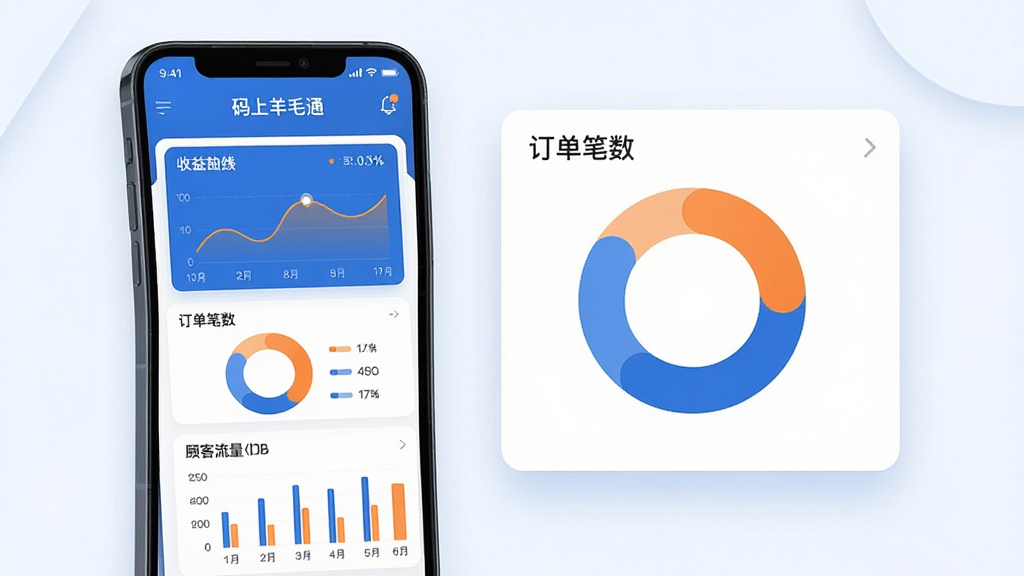 画面主体为一部智能手机屏幕,屏幕内显示“码上羊毛通”APP的概览数据看板,包含收益曲线图、订单笔数圆环图、顾客流量柱状图。布局为手机居左,右侧悬浮着放大的数据图表卡片,排版干净整洁。风格为现代扁平化UI设计,色彩以蓝色和橙色为主,细节包含微妙的阴影和圆角元素,画质高清,干净无多余元素。