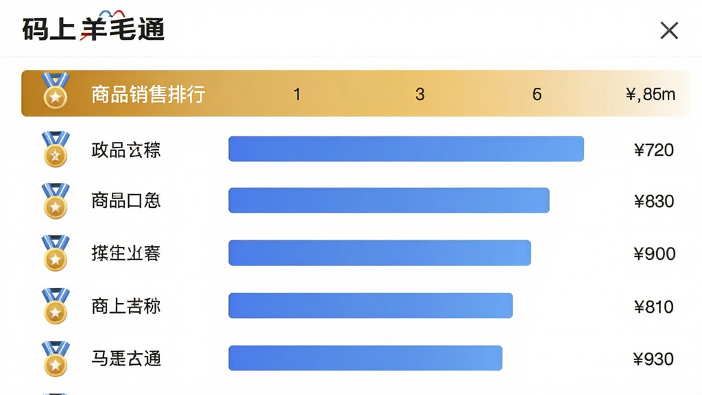 画面为“码上羊毛通”APP的商品销售排行页面,以横向条形图展示商品名称和销量,第一名用金色高亮。布局为列表式排列,每行商品右侧有销量数字。风格为简洁商务风,背景白色,条形图蓝色系,细节包含排行奖牌图标,画质高清,干净无多余元素。