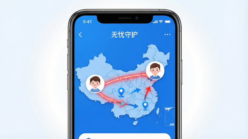 一张展示智能手机屏幕的俯拍图,屏幕中清晰显示“无忧守护”APP的界面,界面上有中国地图背景,两个卡通头像通过一条发光的红线连接,地图上有移动的箭头轨迹。画面风格简洁明亮,以蓝色为主色调,突出安全、可靠的科技感。主体是手机与APP界面特写,居中布局,周围有柔和的白色光晕。排版干净清爽,细节上强调地图路线和定位图标的清晰度。画质高清,干净无多余元素。