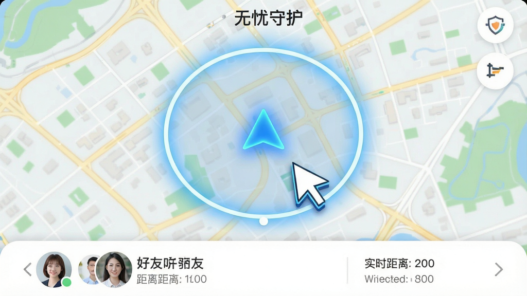 一张“无忧守护”APP界面截图预览图,画面以城市地图为背景,中央有一个高亮显示的圆形定位范围,内部有一个闪烁的蓝色箭头。界面底部显示好友的头像和实时距离数据。整体设计扁平化,色彩干净,突出定位功能的精准与直观。主体是地图与定位标识,中心构图,风格偏科技感。细节上强调光标的清晰醒目。画质高清,无多余文字。