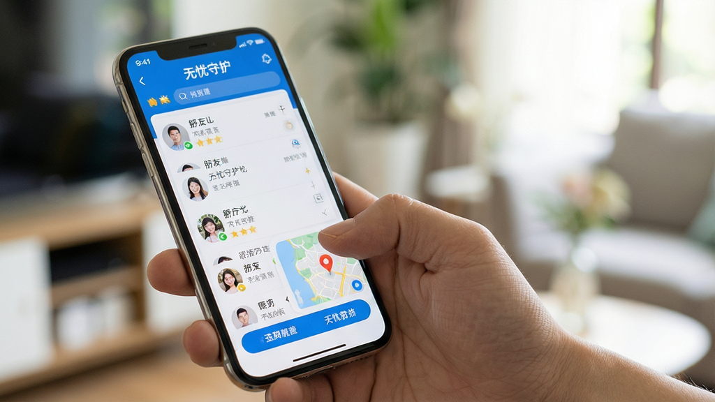 一张“无忧守护”APP在手机上运行的实拍图,手机屏幕上显示应用主界面,包含好友列表和地图位置。画面中有一只手正拿着手机,背景是模糊的室内环境。风格写实,光线明亮,突出应用界面与手机硬件的契合度。主体是手机与手部动作,布局稍侧角,细节上强调屏幕内容的易读性。画质清晰,干净无多余元素。