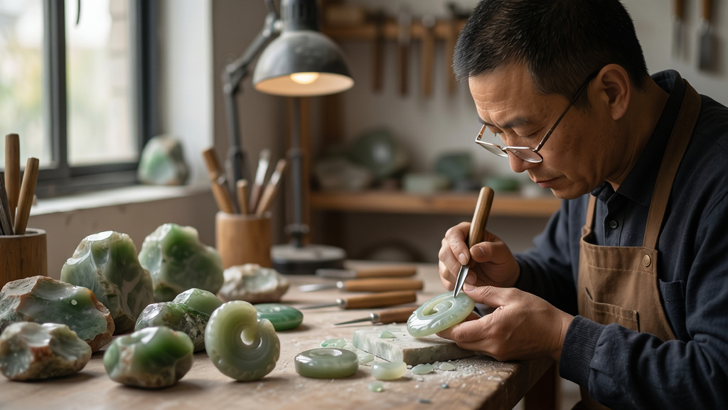 栖家APP源头匠造功能预览图,画面展示一位匠人正在雕刻和田玉,旁边摆放着各种玉石原石和半成品,背景是工作室场景,光线柔和,细节清晰,整体风格写实,突出匠心精神,画质干净无多余元素。