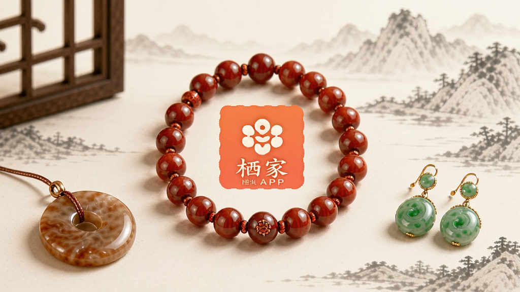 一幅精美的中式珠宝展示图,画面中央摆放着栖家APP精选的南红手串,周围环绕着和田玉吊坠和翡翠耳环,背景是淡雅的水墨山水画,营造出东方古典美学氛围,整体布局清晰,色调温润,画面干净无多余元素,高画质摄影风格。