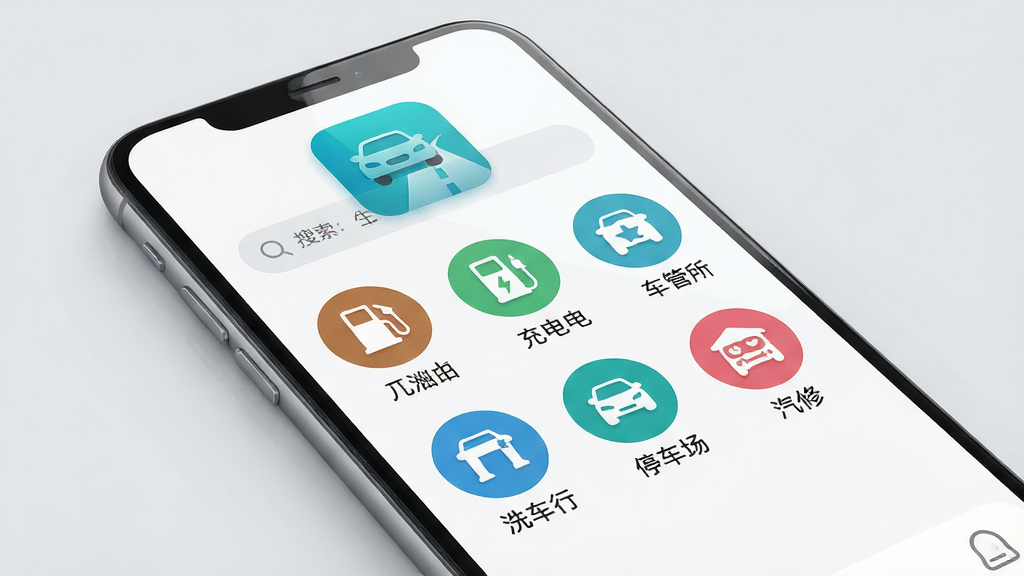 主体:一款名为“好安车主生活”的智能手机应用界面,展示在手机屏幕中央,屏幕背景为简洁的浅灰色,应用图标为蓝绿色调,包含汽车和道路元素。布局:手机倾斜放置,屏幕正面展示应用主界面,上方为搜索栏,下方为六个圆形功能图标,分别代表加油站、充电桩、车管所、洗车行、停车场、汽修店。排版:功能图标整齐排列成两行三列,每个图标下方有中文标签。风格:现代扁平化设计,色彩清新明亮,UI元素圆润。细节:屏幕反射微弱光线,界面文字清晰可读,图标线条简洁。画质:超高清4K渲染,细节丰富,干净无多余元素。