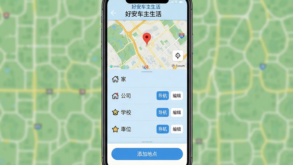 主体:手机应用“好安车主生活”的常用地点收藏界面,手机竖屏展示。布局:顶部为地图,显示定位点,下方为收藏列表,包含“家”、“公司”、“学校”等标签。排版:每个收藏地点右侧有“导航”和“编辑”按钮,列表背景为浅蓝色。风格:清新简洁风格,地图配色自然,列表文字清晰。细节:地图上有一个红色定位针,收藏地点图标为星形,界面底部有“添加地点”按钮。画质:超清画质,干净整洁,无多余元素。
