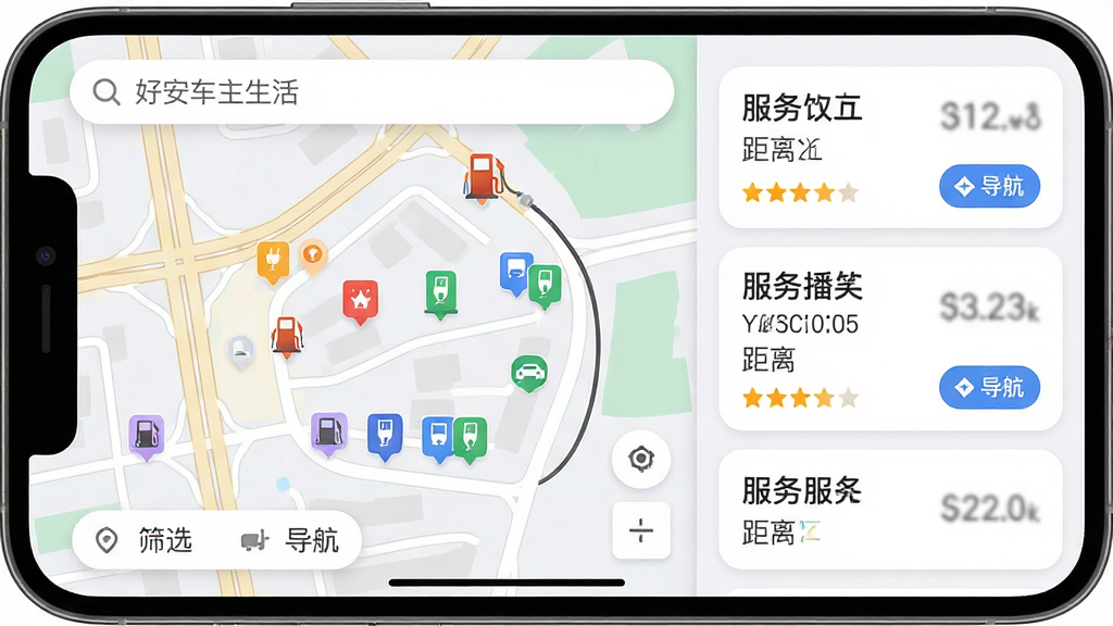 主体:手机应用“好安车主生活”的附近服务地图界面,手机横屏展示。布局:左侧为地图区域,显示道路和兴趣点图标,右侧为列表区域,排列着服务卡片。排版:地图上方有搜索框,下方有筛选按钮,列表卡片显示服务名称、距离和评分。风格:简洁商务风格,地图配色柔和,卡片圆角设计。细节:地图上标有加油站、充电桩等彩色图标,列表卡片有“导航”按钮。画质:高清渲染,细节清晰,画面干净,无多余元素。