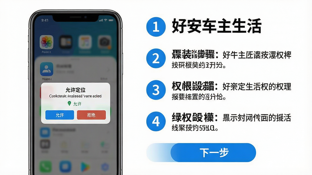 主体:手机应用“好安车主生活”的使用指南示意图,展示安装步骤和权限设置界面。布局:左侧为手机屏幕,显示应用图标和“允许定位”弹窗,右侧为文字说明,分步骤标注。排版:步骤用数字序号排列,颜色为蓝白搭配,下方有“下一步”按钮。风格:教学风格,界面简洁,指示清晰。细节:弹窗上有“允许”和“拒绝”按钮,步骤说明字体为黑色,背景为白色。画质:高清,干净无多余元素。