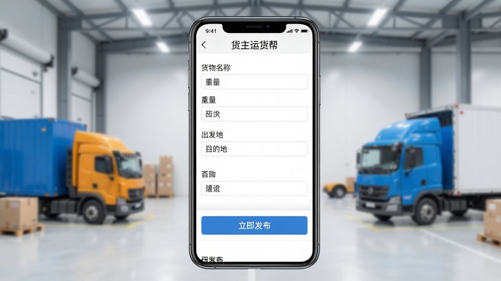 一张展示货主运货帮一键发单功能的界面截图,画面中手机屏幕显示订单填写表单,包含货物名称、重量、出发地、目的地等字段,下方有“立即发布”按钮,背景为简洁的物流场景,画质干净,文字清晰标注“货主运货帮”