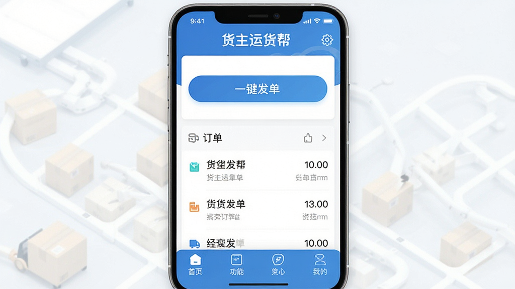一张展示货主运货帮APP主界面的高清截图,界面布局清晰,顶部显示“货主运货帮”字样,中间为“一键发单”按钮和订单列表,下方为功能导航栏,整体风格简洁现代,色彩以蓝色和白色为主,画质干净,无多余元素