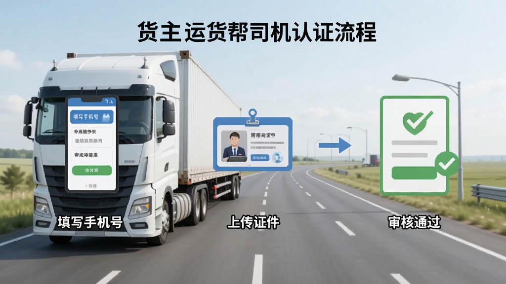 一张展示货主运货帮司机认证流程的界面截图,画面分为三步图示,第一步填写手机号,第二步上传证件,第三步审核通过,背景为货车和公路,整体风格简洁明了,画质干净,无多余元素