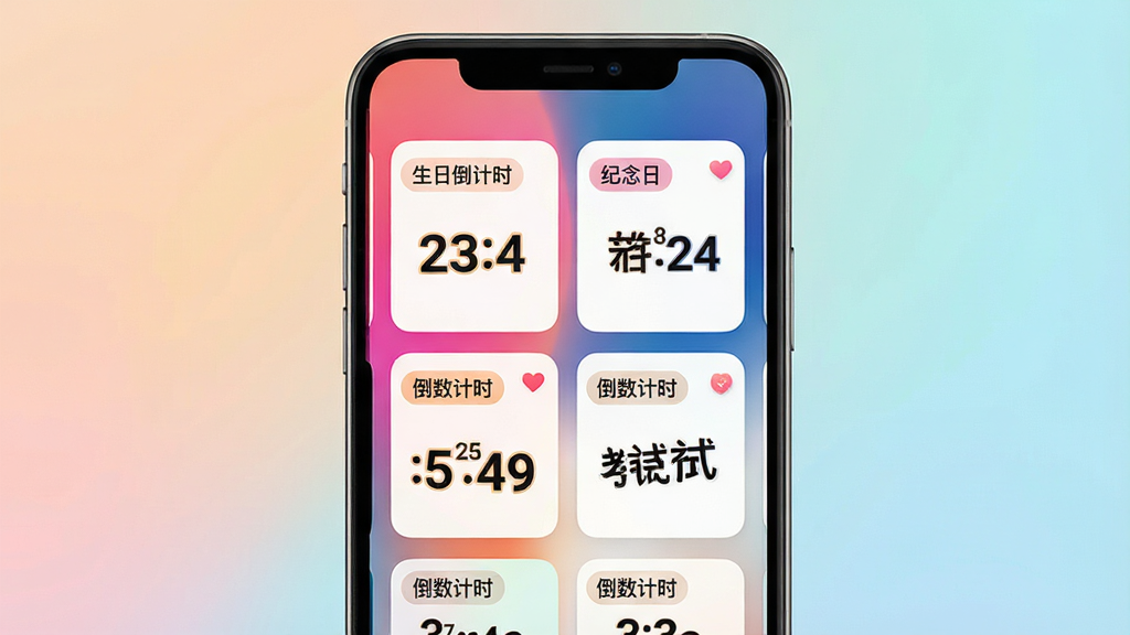 主体:手机屏幕展示倒数计时应用界面,主界面显示多个倒计时卡片,卡片上清晰标注“倒数计时”字样及具体天数数字。布局:手机居中,屏幕内容为主体,背景为柔和的渐变色。排版:界面卡片整齐排列,数字醒目,整体简洁。风格:现代简约,色彩明亮。细节:卡片上显示“生日倒计时”、“纪念日”、“考试日”等标签,数字字体清晰。画质:高清,干净,无多余元素。