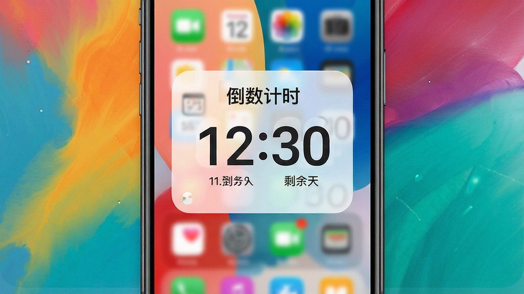 主体:手机主屏幕展示倒数计时的桌面小组件,小组件上显示“倒数计时”字样及剩余天数。布局:手机屏幕为主,小组件位于屏幕中央,背景为动态壁纸。排版:小组件设计简洁,数字突出。风格:时尚灵动,色彩协调。细节:小组件有多种尺寸,背景透明,数字清晰。画质:高清,干净,无多余元素。