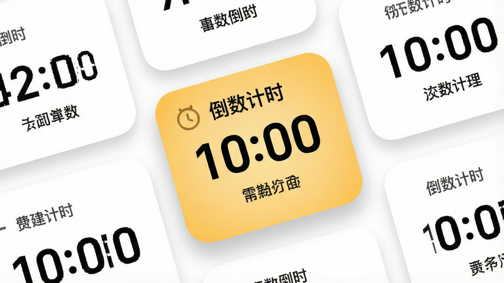 主体:倒数计时应用主界面特写,显示多个卡片式倒计时事件,其中一张卡片高亮显示“倒数计时”应用名称。布局:界面居中,卡片错落有致,背景为纯白色。排版:卡片上时间数字大而醒目,事件名称清晰。风格:清爽简洁,符合现代审美。细节:卡片圆角设计,阴影柔和,整体画面干净。画质:高清,干净,无多余元素。