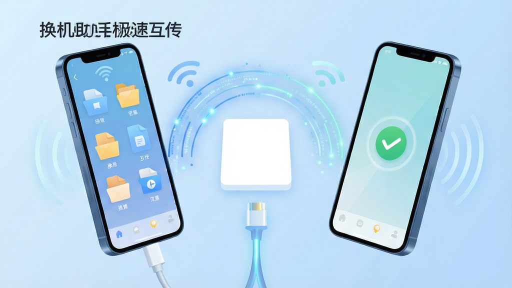 画面主体为两部智能手机悬浮于浅蓝渐变背景中,屏幕间有发光的弧形数据流连接,左侧手机标注“换机助手极速互传”,右侧手机显示传输完成对勾图标。布局采用对称居中,左右手机大小一致,中间留白处放置光效数据线。排版干净清爽,风格为现代扁平插画结合微光效,细节包括屏幕内文件图标、无线信号波纹,画质清晰通透,无多余元素。