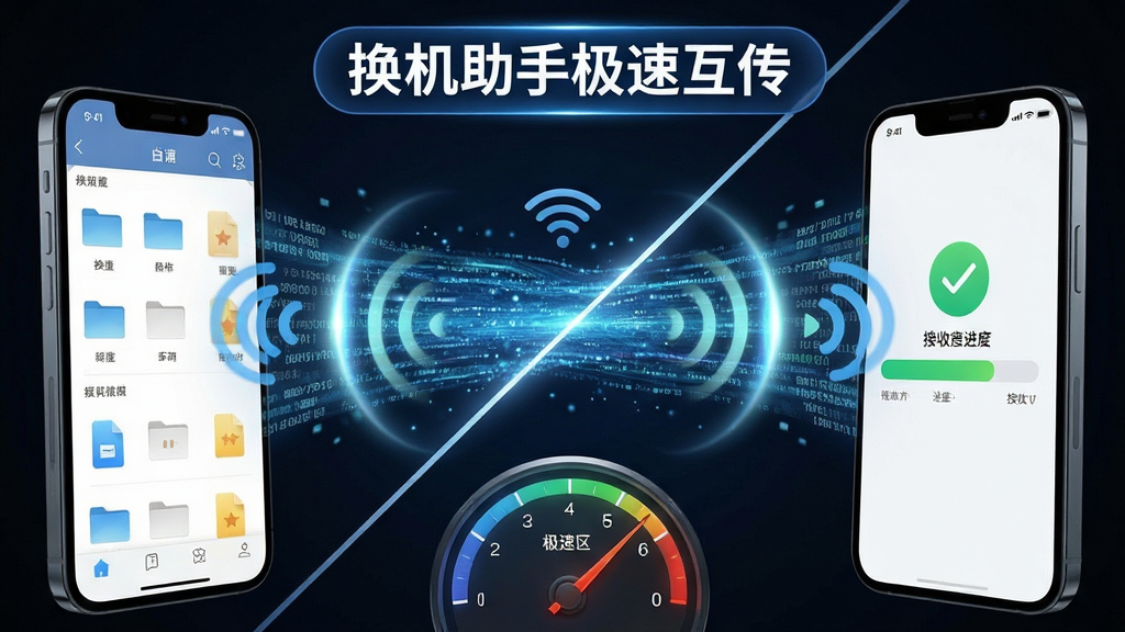 画面为两部手机正面对峙,屏幕间显示巨型数据洪流穿梭,顶部有“换机助手极速互传”字样标识,底部显示速度仪表盘指针指向极速区。主体突出,布局采用对角线构图,左侧手机屏幕显示文件列表,右侧手机屏幕显示接收进度条。排版动感强烈,风格为科技感写实渲染,细节包含文件图标、Wi-Fi信号波纹、速度光晕,画质锐利干净,无多余元素。