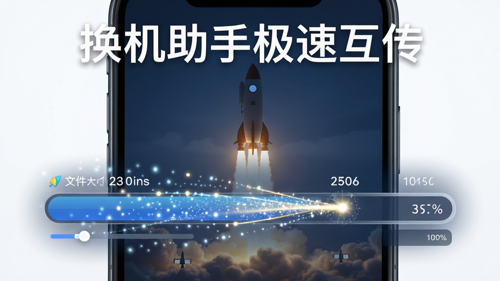 画面为一部手机屏幕上显示巨型文件传输进度条,进度条内流动着光点,背景有火箭升空剪影,顶部标有“换机助手极速互传”字样。主体突出,布局采用底部进度条与背景火箭形成动静对比,排版简洁有力,风格为科技插画与写实结合,细节包括文件大小数字、速度数值,画质通透干净,无多余元素。