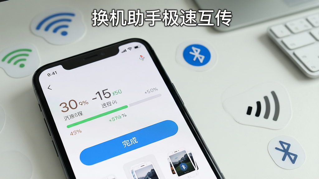 画面为手机屏幕上显示传输进度条与“完成”按钮,背景是整洁的桌面,周围有Wi-Fi与蓝牙图标,顶部标注“换机助手极速互传”字样。主体为手机屏幕特写,布局采用居中偏左,右侧留白处放置信号图标。排版干净直观,风格为实拍与UI结合,细节包括进度百分比、文件缩略图,画质清晰自然,无多余元素。