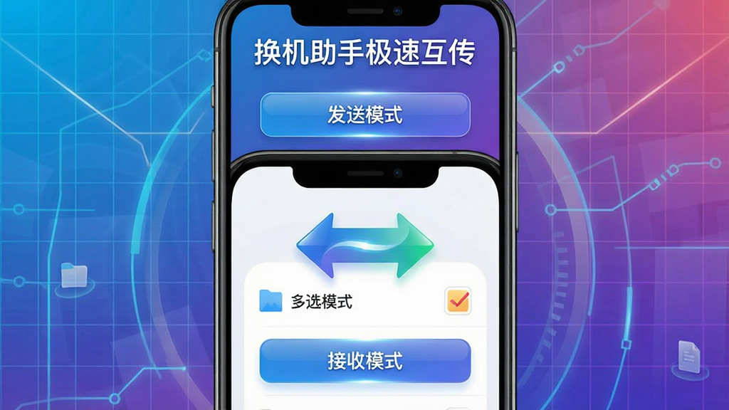画面为一部手机界面截图风格,上方显示“发送模式”按钮,下方显示“接收模式”按钮,中间有箭头双向流动,背景为渐变色科技网格。主体为手机屏幕的放大展示,布局采用垂直分层,顶部有“换机助手极速互传”标题。排版清晰直观,风格为UI设计图与微动效结合,细节包括按钮高光、文件多选清单,画质干净利落,无多余元素。