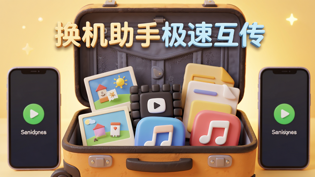 画面中心为一对打开的行李箱,箱内整齐码放着照片、视频、文档、音乐图标,上方漂浮着“换机助手极速互传”字样,背景为柔和的暖黄光。主体突出,布局采用中央对称,行李箱两侧各有一部手机屏幕显示传输完成。排版温馨精致,风格为3D卡通渲染,细节包括文件图标上的高光、箱体纹理,画质清晰柔和,无多余元素。