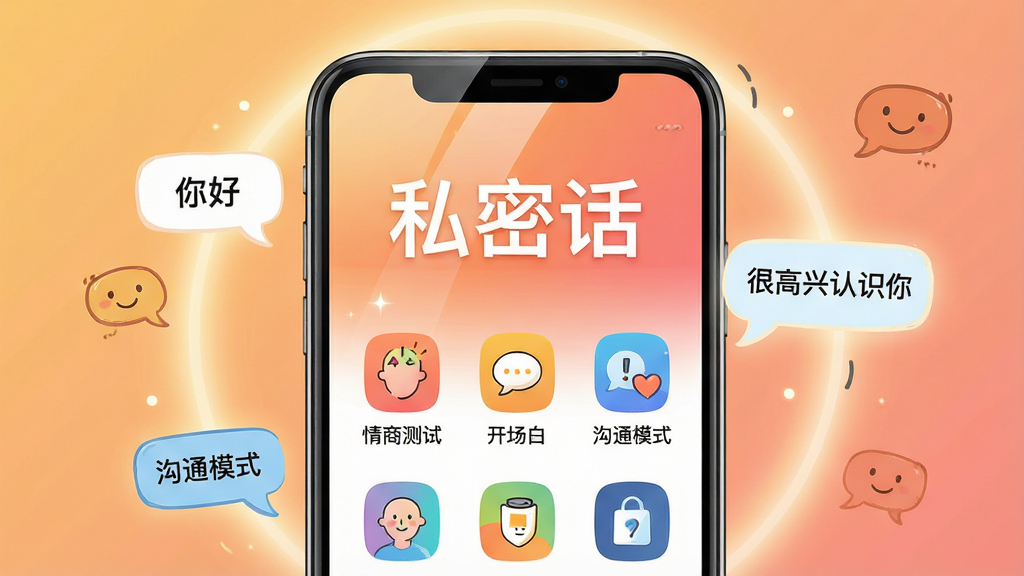 主体:一部智能手机屏幕显示私密话APP主界面,界面设计简洁时尚,色彩明快,图标清晰,背景为温馨的渐变色调。布局:手机居中,屏幕内容突出,周围有柔和的光晕和漂浮的对话气泡元素,营造社交氛围。排版:界面展示“私密话”三个大字,下方排列多个功能图标,如“情商测试”、“开场白”、“沟通模式”等,文字清晰可读。风格:现代扁平化设计风格,融合手绘插画元素,整体活泼亲切。细节:屏幕反射出微光,气泡内包含“你好”、“很高兴认识你”等文字,画质高清,干净无多余元素。