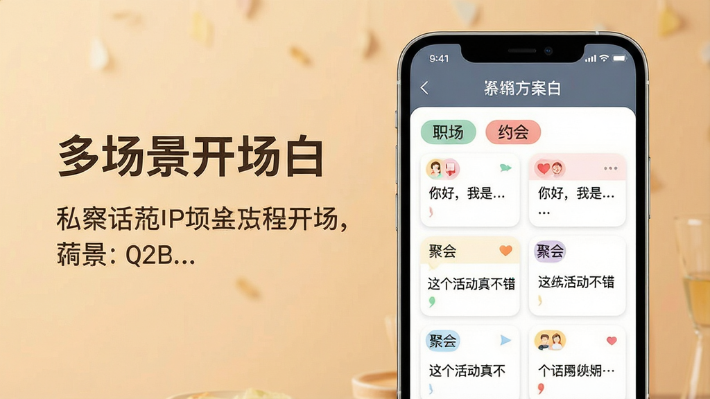 主体:手机屏幕展示私密话APP的开场白方案列表,屏幕上有多个场景标签,如“职场”、“约会”、“聚会”等。布局:手机位于画面右侧,左侧为文字说明区域,背景为暖色调。排版:屏幕上方有“多场景开场白”标题,下方为分类卡片,每个卡片上有示例对话。风格:简洁商务风格,色彩搭配舒适,文字清晰。细节:卡片上的对话文字如“你好,我是…”、“这个活动真不错”等,画质干净,无多余元素。