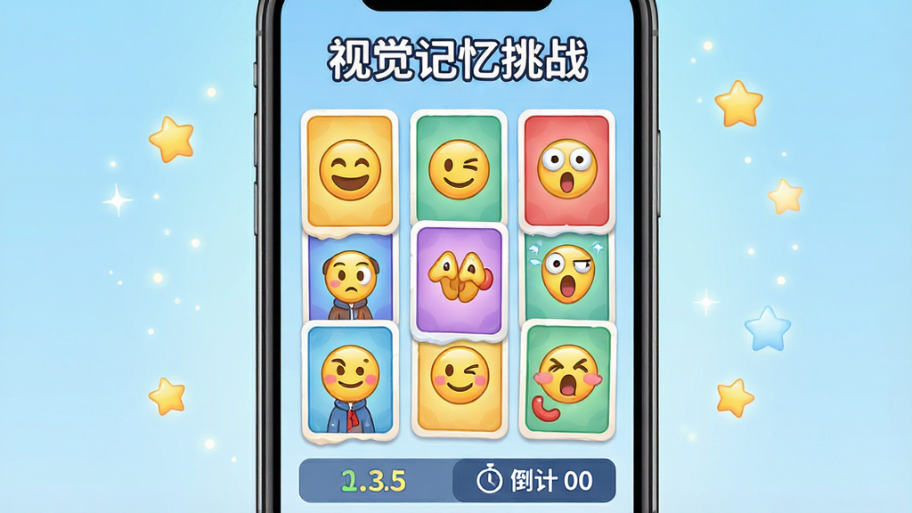 主体:手机屏幕展示私密话APP的视觉记忆挑战游戏界面,屏幕上显示一组彩色卡片图案,部分卡片已翻开,露出不同的表情符号。布局:手机位于画面中央,背景为淡蓝色渐变,周围有星星和光点装饰。排版:屏幕上方有“视觉记忆挑战”标题,下方为卡片网格,清晰标注分数和倒计时。风格:清新卡通风格,色彩鲜艳,细节丰富。细节:卡片上的表情符号有笑脸、眨眼、惊讶等,画质清晰,干净无多余元素。