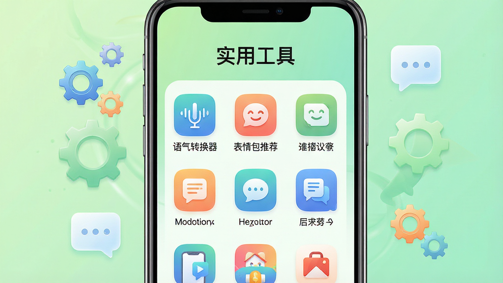 主体:手机屏幕展示私密话APP的实用工具界面,屏幕上显示多个工具图标,如“语气转换器”、“表情包推荐”等。布局:手机居中,背景为淡绿色渐变,周围有齿轮和气泡图标。排版:屏幕上方有“实用工具”标题,下方为网格布局,每个图标下有简要说明。风格:简约科技风格,色彩明快,细节丰富。细节:图标设计精致,有文字标注,画质高清,干净无多余元素。