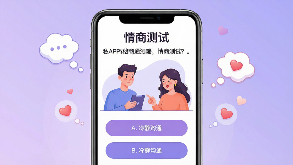 主体:手机屏幕展示私密话APP的情商测试界面,屏幕上显示一道情景选择题,配以生动的插画。布局:手机居中,背景为柔和的紫色渐变,周围有思考气泡和爱心图标。排版:屏幕上方有“情商测试”标题,下方为题目和选项按钮,清晰明了。风格:现代插画风格,色彩柔和,细节精致。细节:插画中的人物表情丰富,选项按钮有“A. 冷静沟通”等文字,画质高清,干净无多余元素。