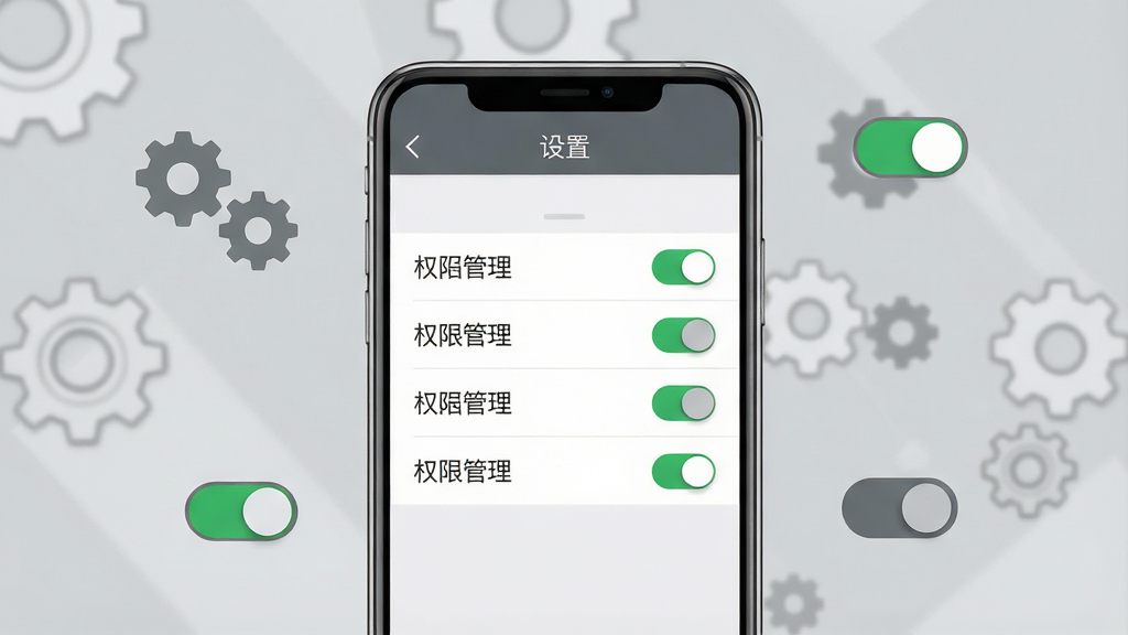 主体:手机屏幕显示私密话APP的设置界面,屏幕上展示权限管理选项,背景为简洁的灰色调。布局:手机居中,周围有齿轮和开关图标。排版:屏幕上方有“设置”标题,下方为权限列表,每个选项后有开关按钮。风格:简洁商务风格,色彩中性,细节清晰。细节:开关按钮有绿色和灰色状态,画质干净,无多余元素。
