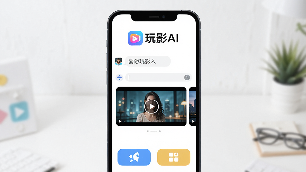 玩影AI主界面预览图,展示AI对话创作视频的流程,主体为手机界面,布局上方是软件名称“玩影AI”logo,中间是对话输入框和生成的视频缩略图,下方是功能按钮,风格现代简约,色彩明亮,细节清晰,画质高清,干净无多余元素