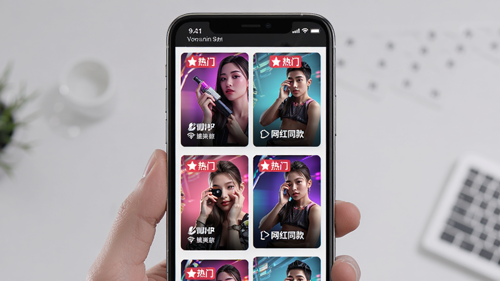 玩影AI网感营销视频模板选择界面,主体为手机屏幕,展示多个视频模板缩略图,布局为网格排列,每个模板上标有“网红同款”、“热门”等标签,风格炫酷,色彩丰富,细节细致,画质清晰,干净无多余元素