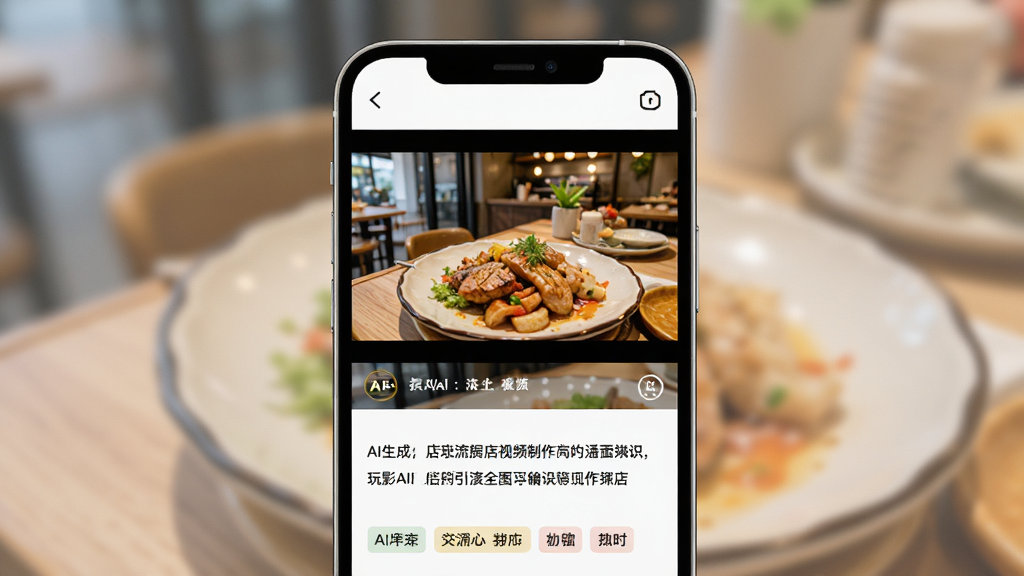 玩影AI门店引流视频制作界面,主体为手机屏幕,显示一个餐厅的探店视频预览,布局上方是视频画面,下方是AI生成的文案和标签,风格真实自然,色彩鲜艳,细节丰富,画质清晰,干净无多余元素