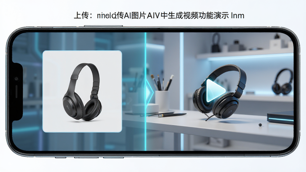 玩影AI图片生成视频功能演示,主体为手机屏幕,左侧是上传的静态商品图,右侧是生成的动态视频效果,布局清晰对比,风格科技感,色调明亮,细节逼真,画质高清,干净无多余元素