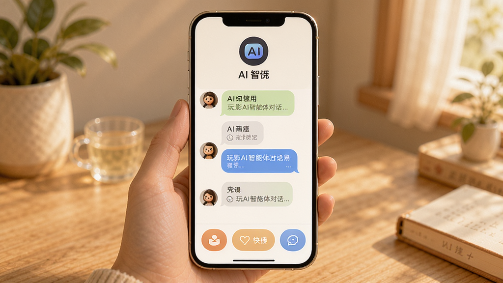 玩影AI智能体对话界面,主体为手机屏幕,显示用户与AI助手的聊天记录,布局上方是AI头像和名称,中间是对话气泡,下方是快捷功能按钮,风格温馨,色调柔和,细节丰富,画质清晰,干净无多余元素