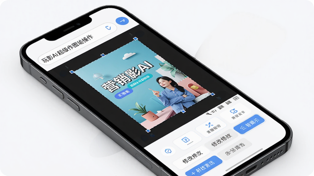 玩影AI超级作图功能操作界面,主体为手机屏幕,显示一张营销海报的编辑过程,布局上方是文字输入框,中间是海报预览,下方是修改选项,风格简洁,色彩搭配协调,细节精致,画质高清,干净无多余元素