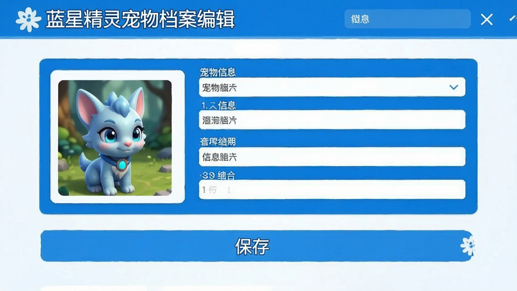 蓝星精灵宠物档案编辑页面截图,展示表单填写界面,包含宠物照片上传区、信息输入框和保存按钮,界面简洁,蓝白配色,画质清晰,无多余元素