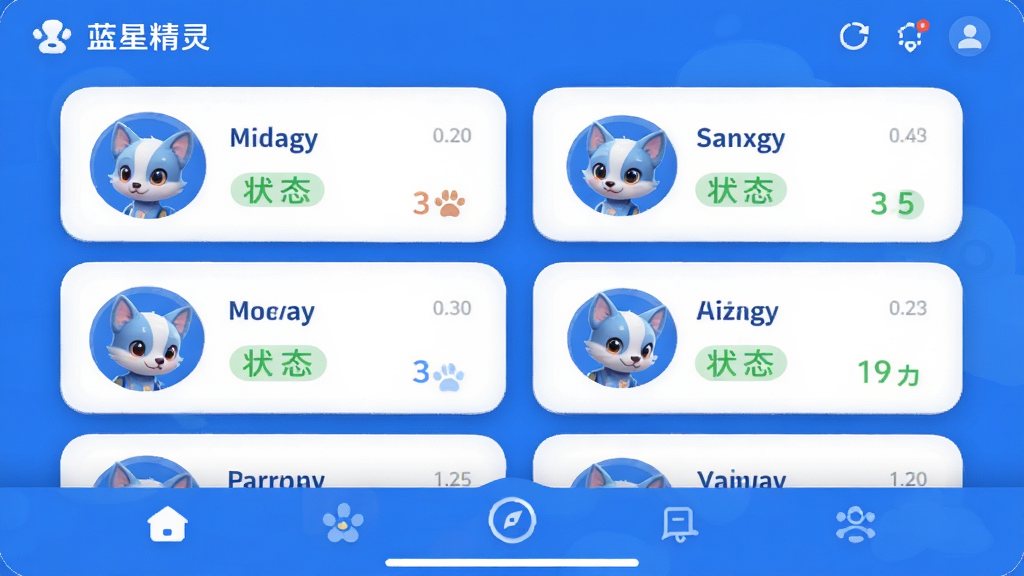 蓝星精灵应用主界面预览图,展示宠物信息卡片列表与底部导航栏,界面以蓝白为主色调,圆角卡片布局,包含宠物头像、名字、状态标签,整体风格清新简约,画质高清,干净无多余元素