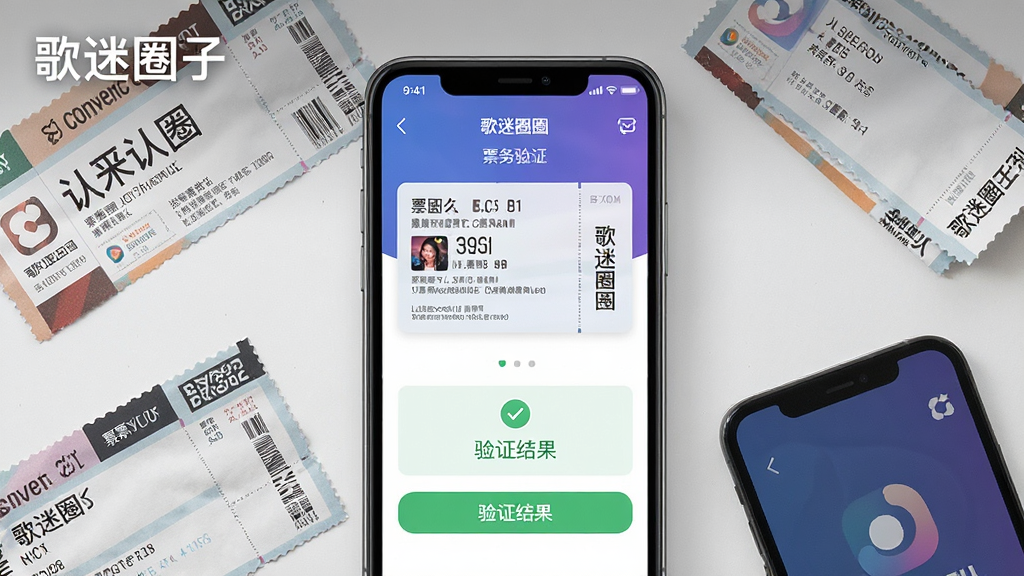 一张“歌迷圈子”APP的票务认证功能截图预览图,主体是手机屏幕中的票务验证页面,显示票面信息与验证结果,周围环绕着演唱会门票和手机模型,布局居中,排版简洁,风格写实,细节清晰,画质干净,无多余元素,图片上带有“歌迷圈子”字样